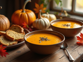 Table d'automne avec soupe de potiron en céramique