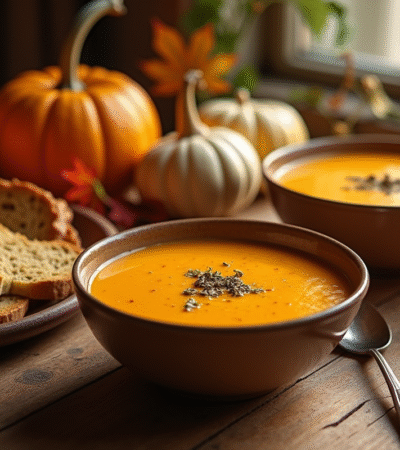 Table d'automne avec soupe de potiron en céramique