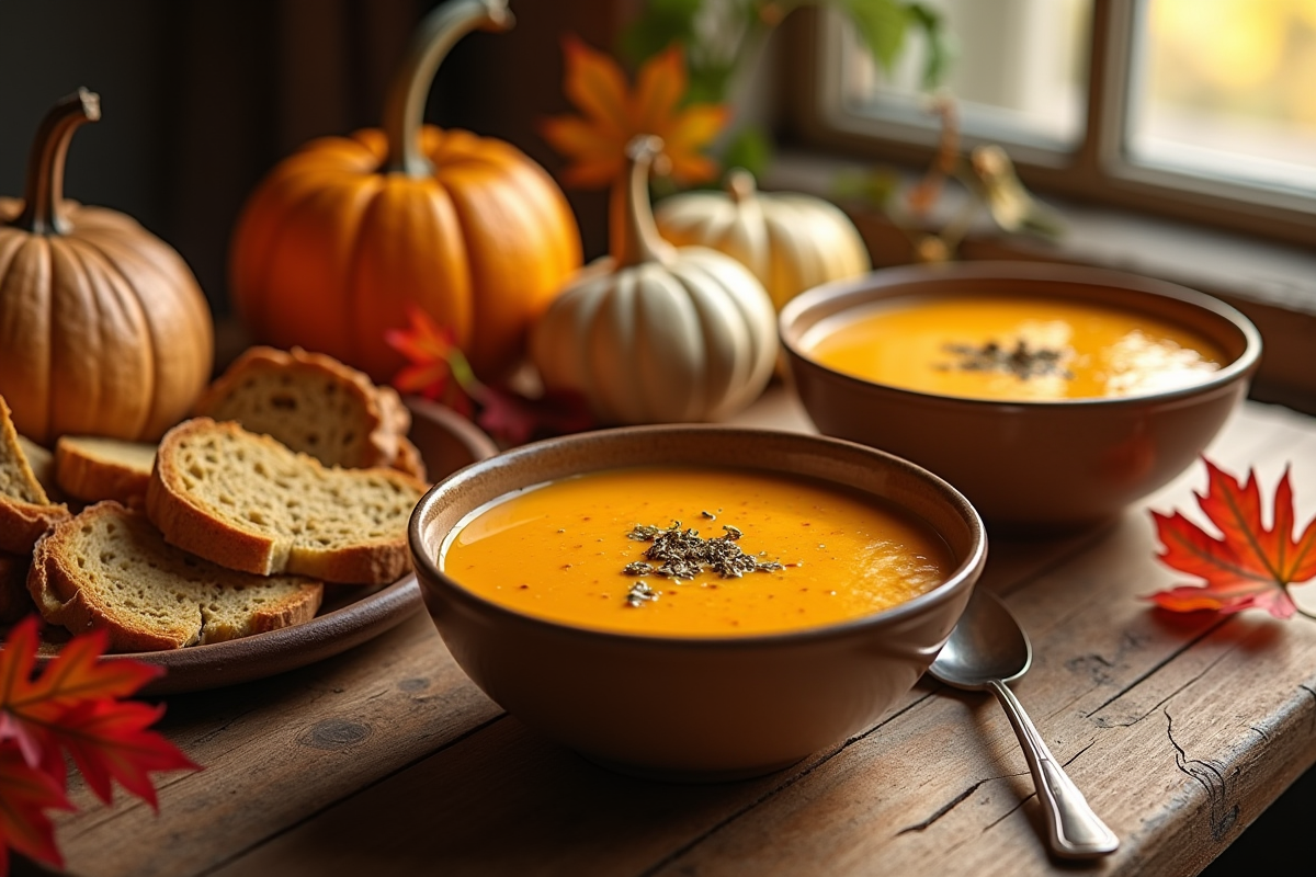 Table d'automne avec soupe de potiron en céramique