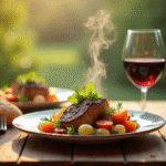 Table rustique en plein air avec civet de lapin et vin rouge