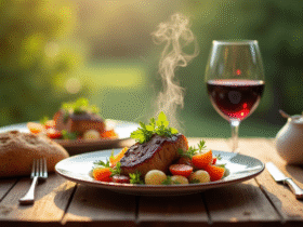 Table rustique en plein air avec civet de lapin et vin rouge