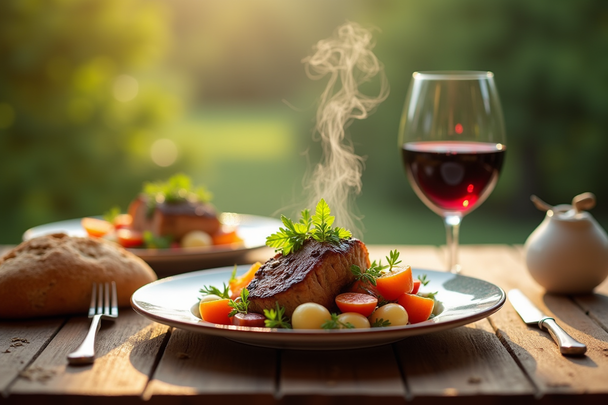 Table rustique en plein air avec civet de lapin et vin rouge