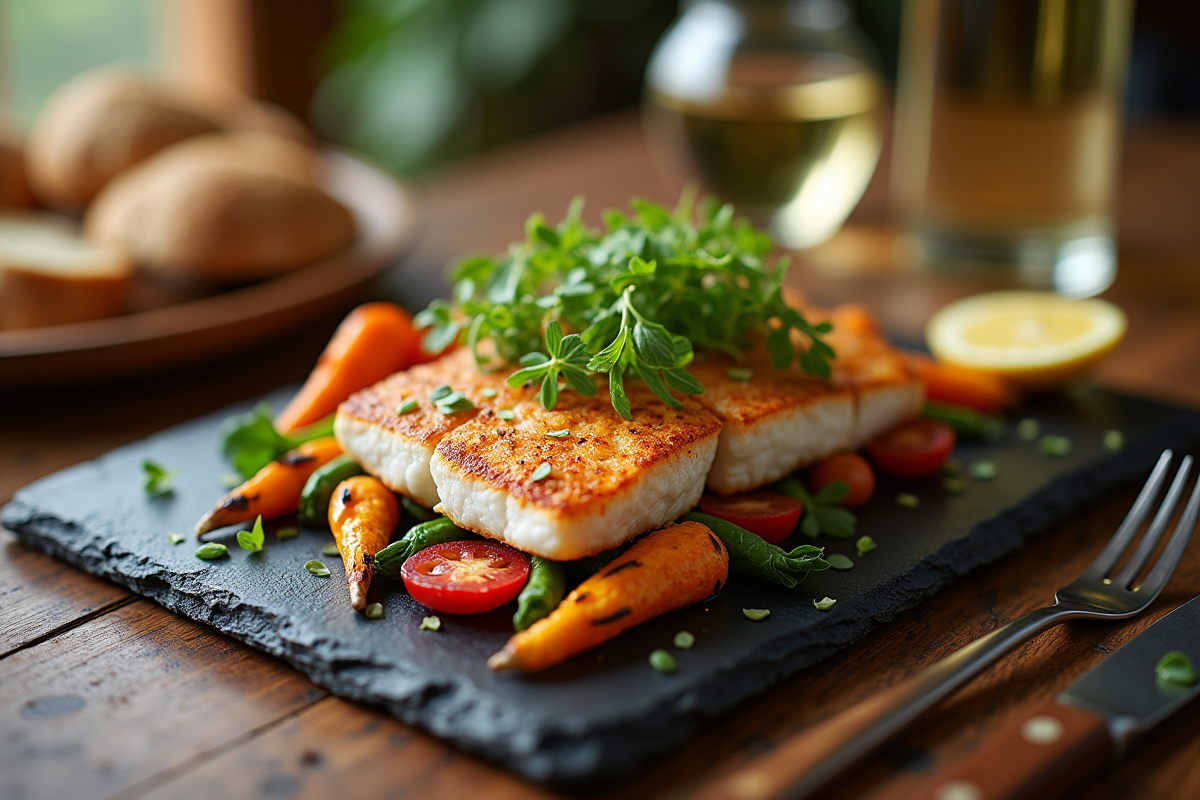Table rustique avec filet de mer et légumes grillés