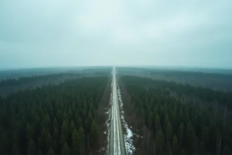 Vaste forêt de taïga sibérienne s'étendant à l'horizon, illustrant l'immensité du territoire russe