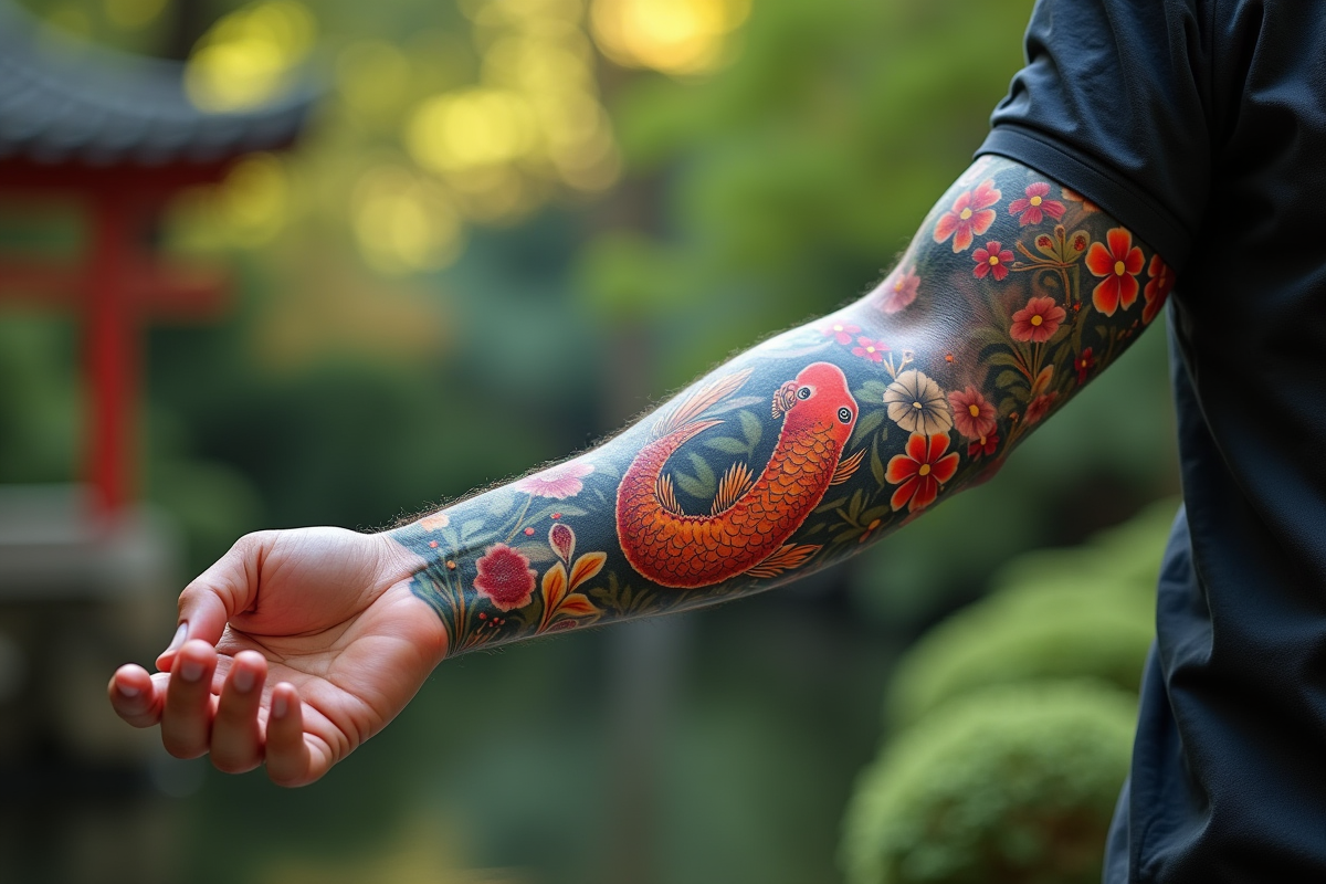 Bras tatoué avec koi, phoenix et fleurs de cerisier en extérieur