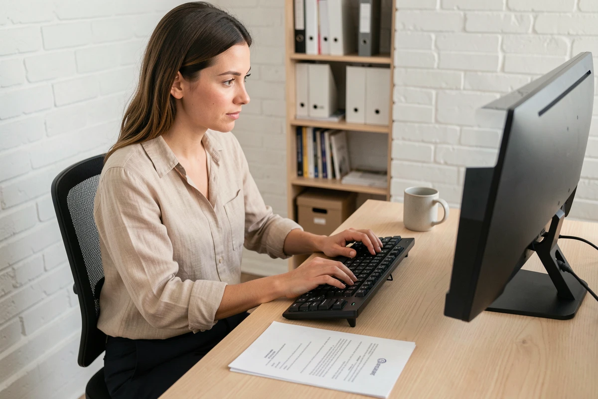 Femme en télétravail rédigeant un email avec les formules correctes pour s'adresser à un huissier de justice depuis son bureau à domicile