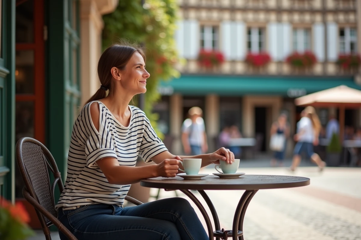 Femme savourant un café en terrasse dans le centre historique de Sarreguemines en Moselle