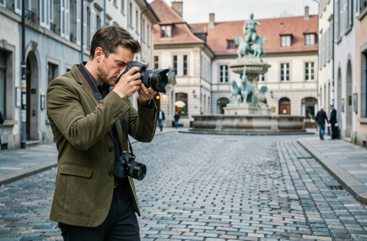 Tommaso, photographe professionnel à Chambéry, en train de travailler dans les rues historiques de la ville avec la Fontaine des Éléphants en arrière-plan