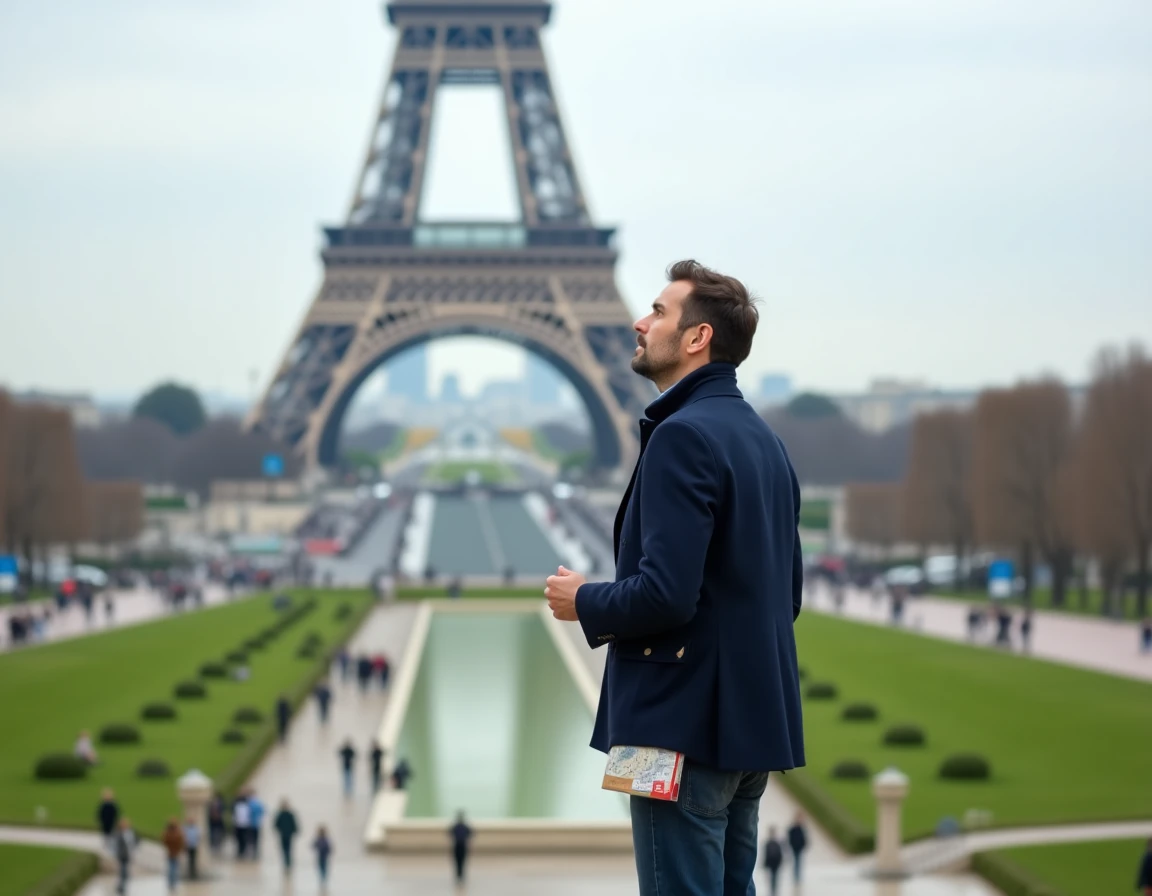 Touriste tenant un plan du métro devant la Tour Eiffel à Paris