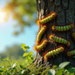 Tronc d'arbre dans un jardin avec piège à processionnaires ensoleillé