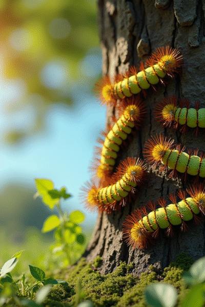 Tronc d'arbre dans un jardin avec piège à processionnaires ensoleillé