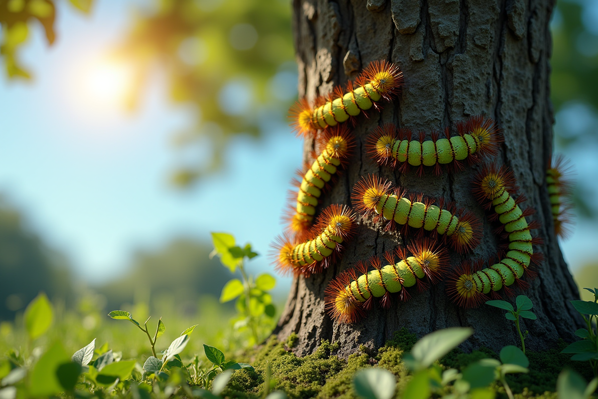 Tronc d'arbre dans un jardin avec piège à processionnaires ensoleillé