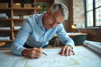 Urbaniste consultant des cartes cadastrales avec des mesures de surface en m² et hectares sur une table de travail professionnelle