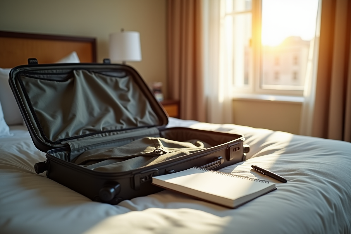 Valise ouverte sur lit d hotel avec carnet et mains cherchant la combinaison