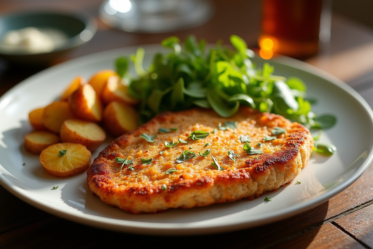 Côte de veau milanaise avec pommes de terre rôties et salade