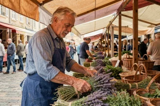 Vendeur provençal arrangeant de la lavande et des herbes aromatiques sur un étal du marché d'Aix-en-Provence