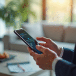 Personne utilisant un smartphone pour une transaction sécurisée avec Certicode Plus dans un salon lumineux