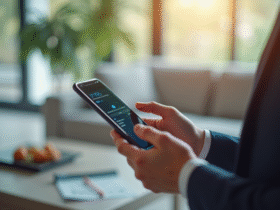 Personne utilisant un smartphone pour une transaction sécurisée avec Certicode Plus dans un salon lumineux