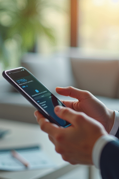 Personne utilisant un smartphone pour une transaction sécurisée avec Certicode Plus dans un salon lumineux