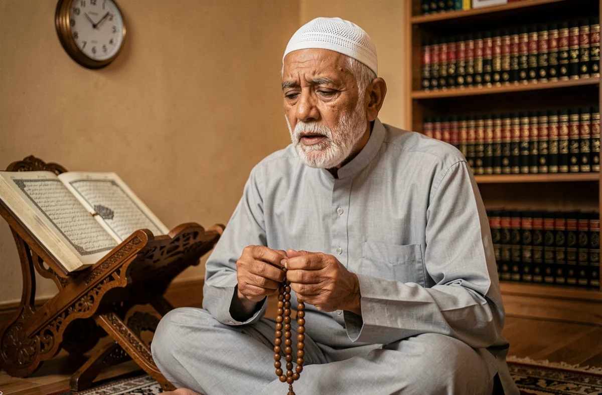 Homme âgé en kurta gris récitant le dhikr avec un tasbih après la prière du Maghreb à domicile