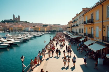 Vue animée du Vieux-Port de Marseille avec des habitants et des bateaux, symbole de la densité urbaine de la ville