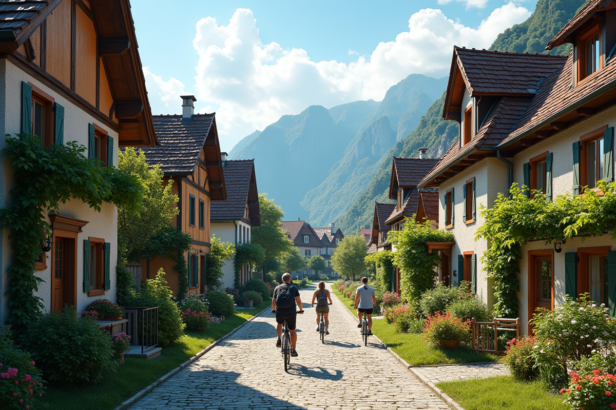 Village européen avec maisons abordables et rues pavées ensoleillées