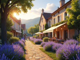 Village provençal en Provence avec maisons en pierre et champs de lavande