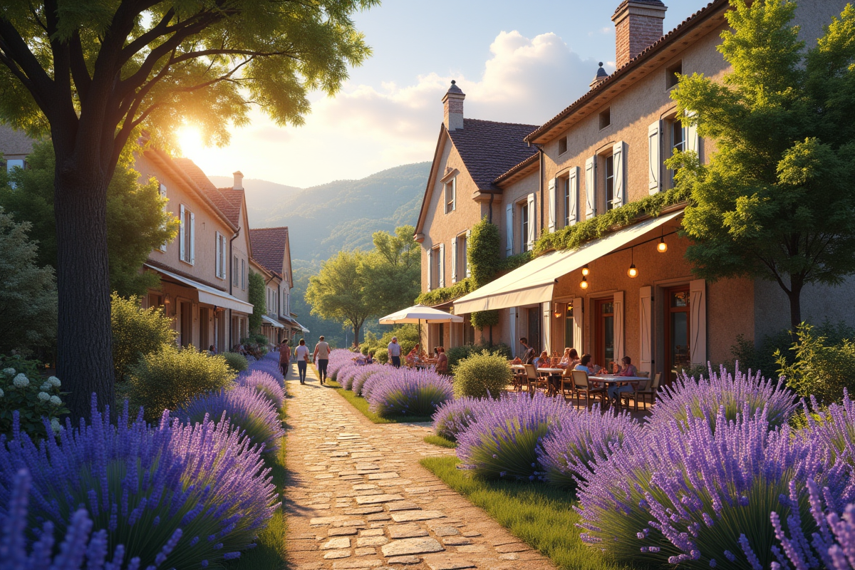 Village provençal en Provence avec maisons en pierre et champs de lavande