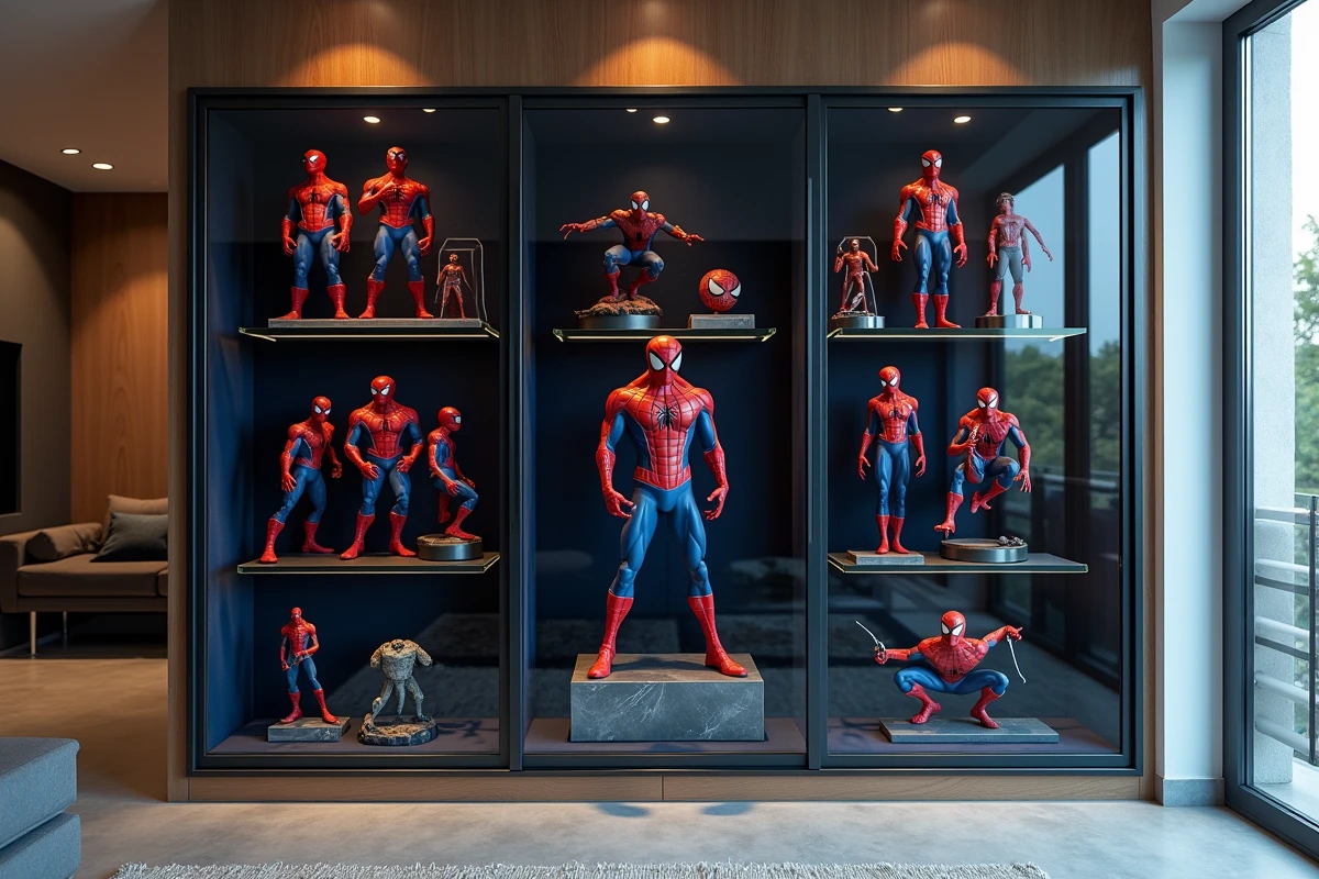 Vitrine de collection Spider-Man avec statuettes résine et figurines articulées exposées