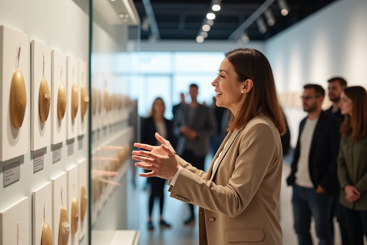 Vitrine d'exposition de muselets de champagne dans un musée avec une femme présentant la collection à des visiteurs