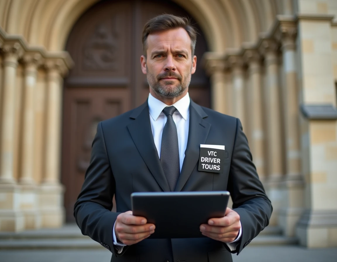 Chauffeur VTC Tours tenant une pancarte devant la cathédrale Saint-Gatien de Tours
