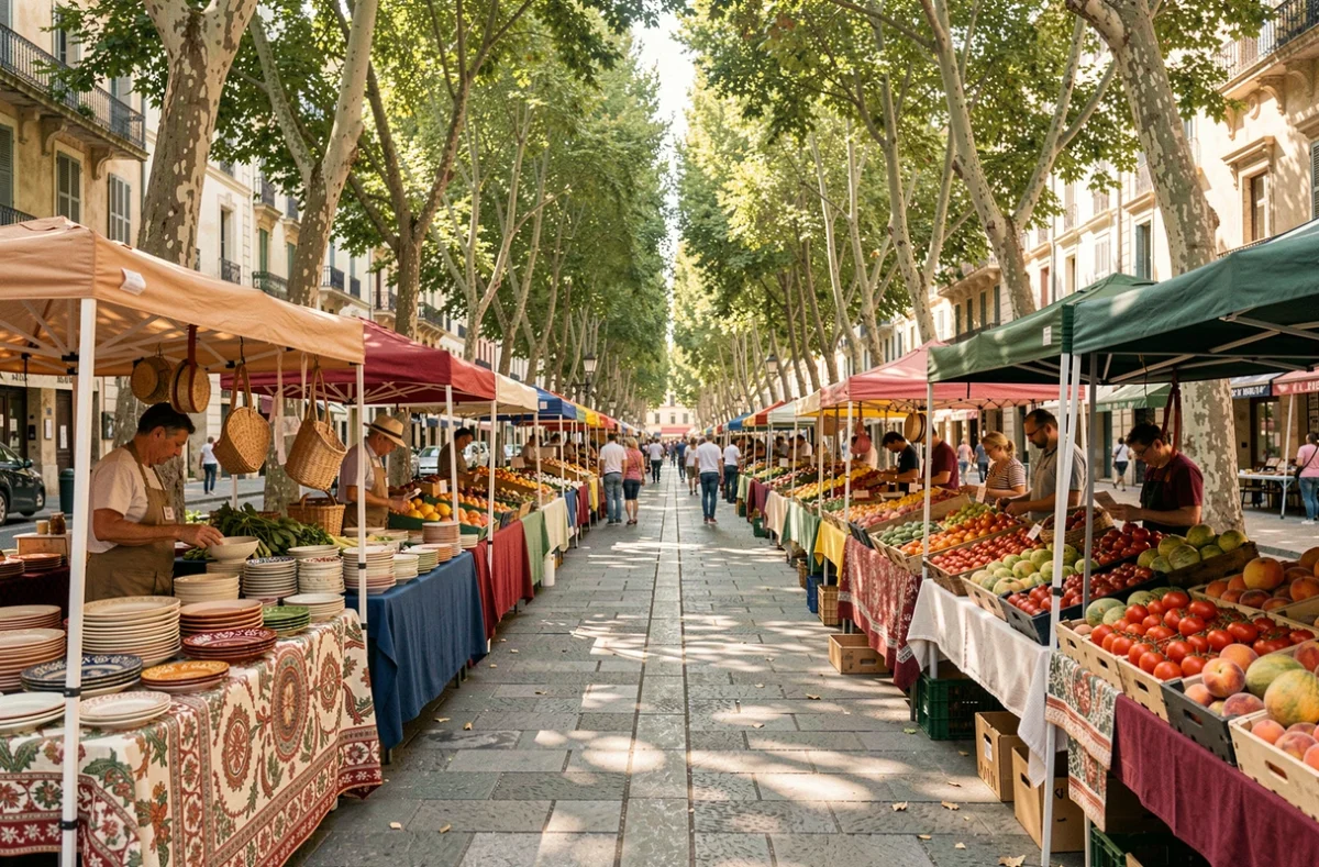 Vue panoramique du marché du Cours Mirabeau à Aix-en-Provence avec ses étals colorés sous les platanes