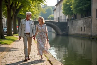Couple se promenant le long du canal de la Sarre à Sarreguemines lors d'un week-end en Moselle