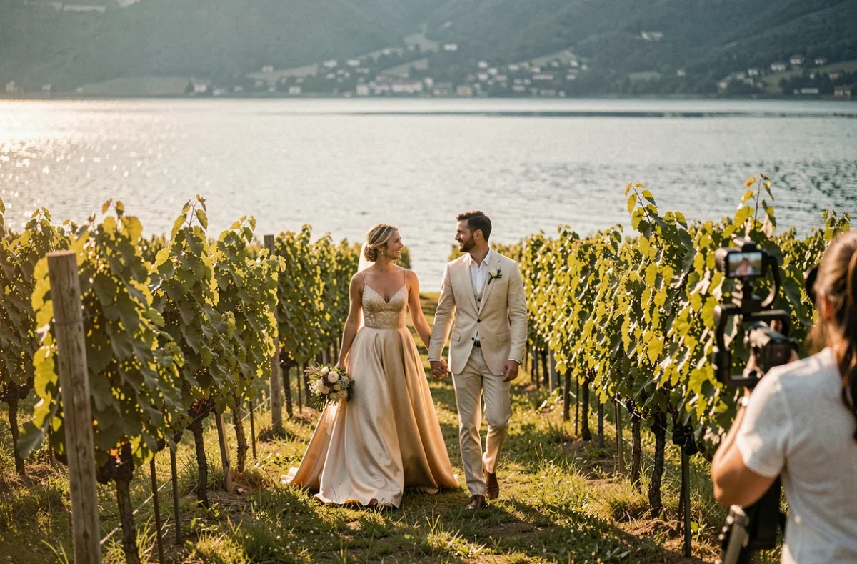 Couple de mariés marchant dans un vignoble de Haute-Savoie au bord du lac, photographié et filmé par WOP Photo, photographe et vidéaste mariage