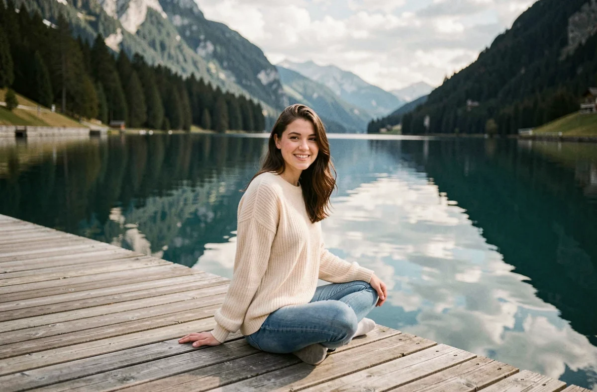 Portrait naturel d'une femme sur un ponton de lac alpin savoyard, réalisé par Yohann Photos, photographe mariage et portrait