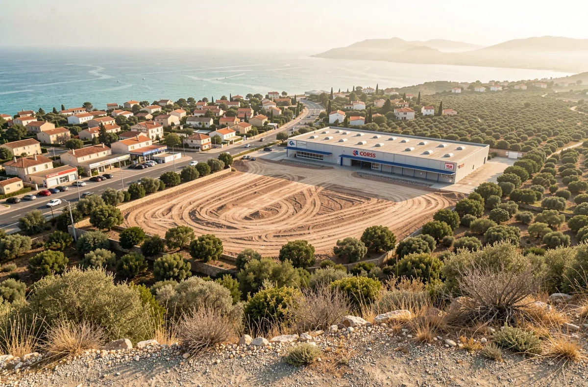 Vue panoramique d'une zone commerciale en périphérie d'une ville corse avec terrain vide potentiel pour futur supermarché Lidl et mer en arrière-plan
