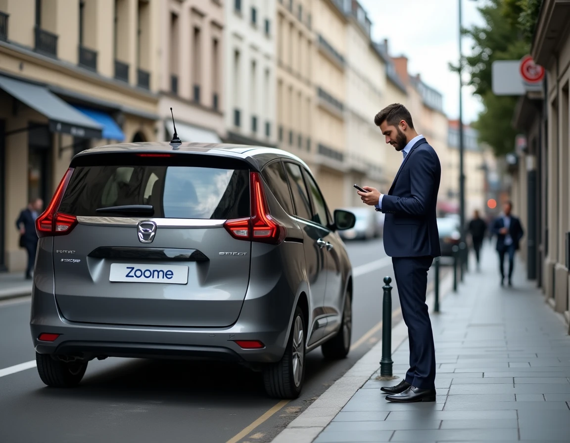 Chauffeur Zoome VTC consultant son téléphone près de son véhicule dans une rue d'Orléans